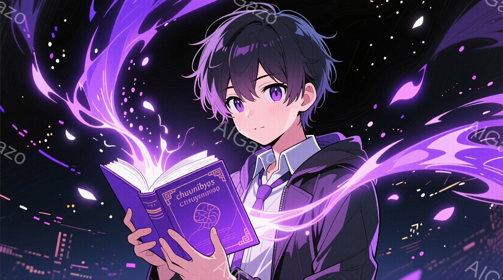 少年は、開いた古書から発光する紫色の魔法のようなエネルギーを操っています。彼は黒髪のヘアスタイルで、整った顔立ちと少し恥ずかしそうな表情をしています。背景は暗く、紫色の光の粒子が散りばめられており、幻 - AI生成フリー素材
