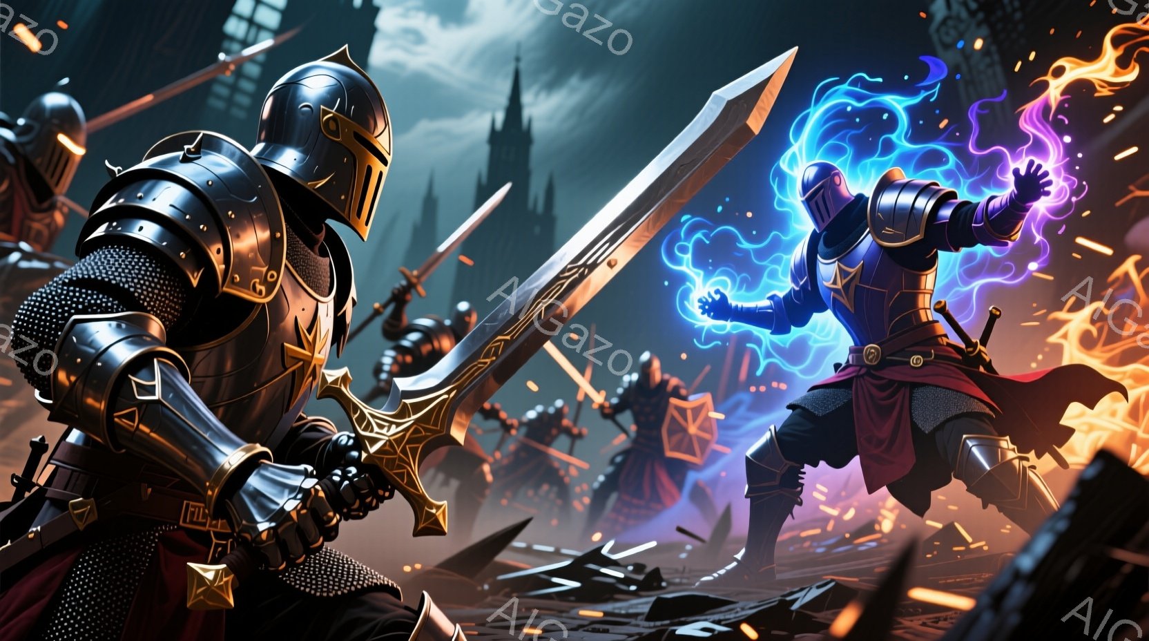 人物は中世風の甲冑を着ており、それぞれがマジックと戦闘スキルを使っています。激しいバトルの中で、火属性の魔法が撃たれるかのように見えるが、現実的な科学的原理では説明できません。