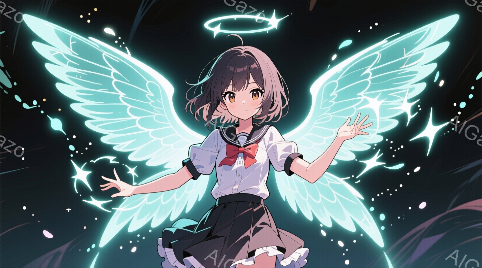少女は白いブラウスと黒いスカートの制服を着ており、赤いリボンがアクセントになっています。彼女は翼と光輪を持ち、両手を広げて空中に浮かんでいるように見えます。背景は暗く、星のような光が散りばめられており - AI生成フリー素材