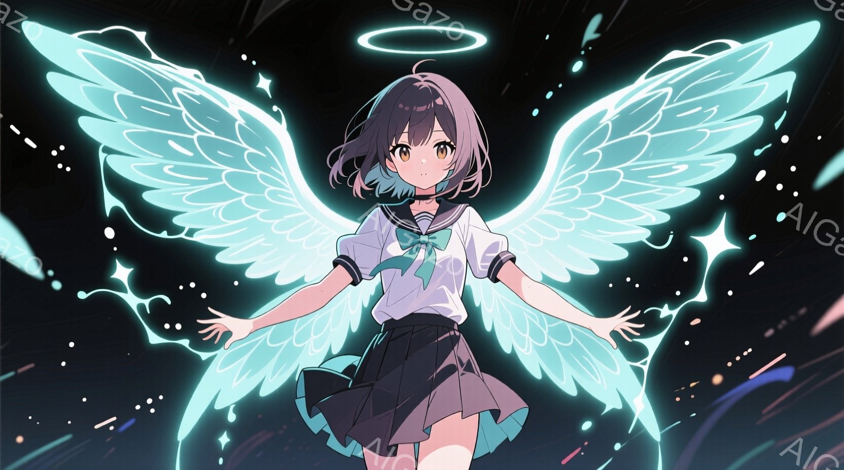 黒髪のボブカットで、つややかな髪並みが特徴的な少女が描かれています。白いブラウスにネイビーのスカート、そしてリボンを身につけた制服姿で、背中には光り輝く大きな翼が生えています。背景は暗く、星のような光が散りばめられており、少女の神聖な雰囲気を強調しています。