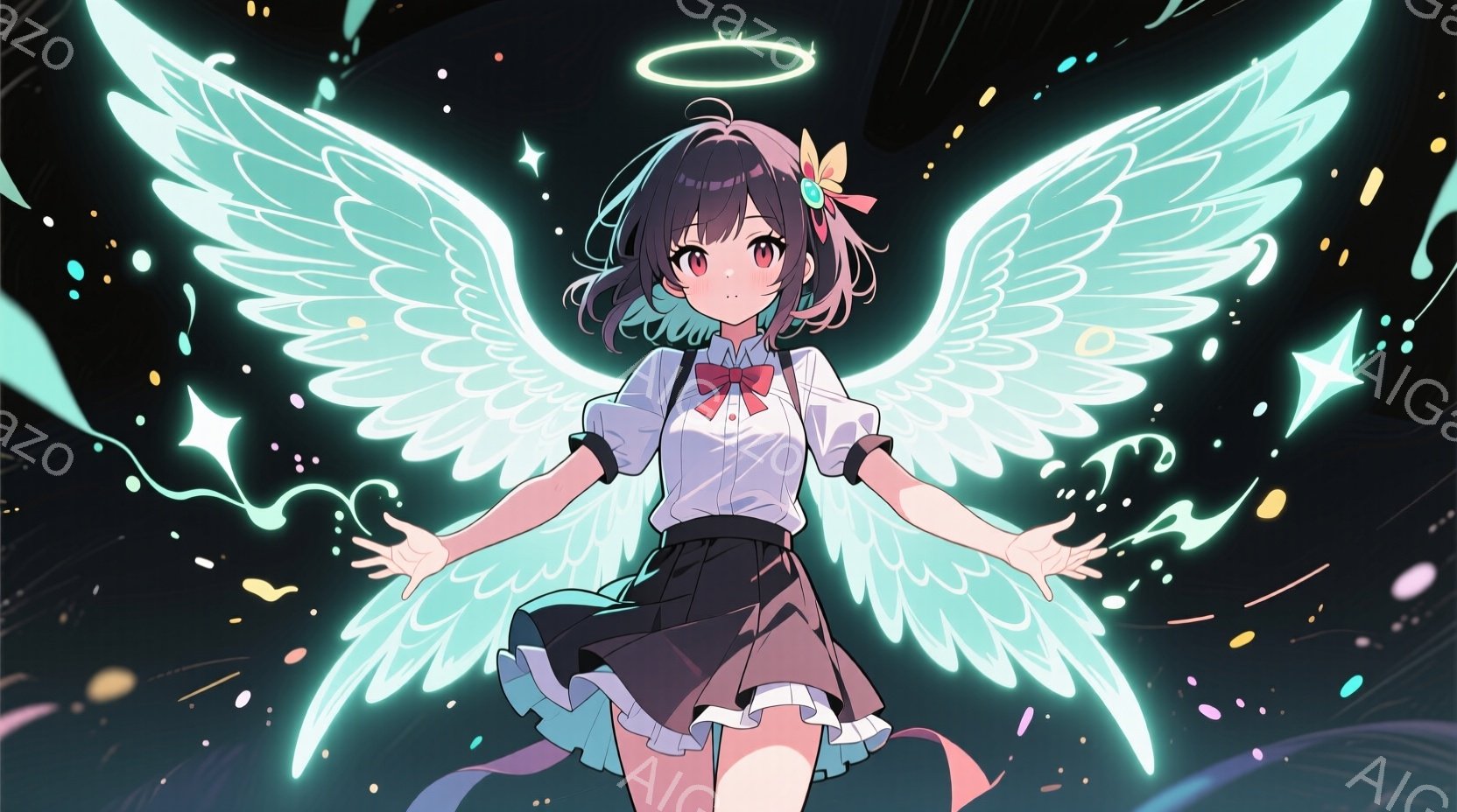 人物は赤の髪、派手な服装とメイクをしており、右手を上に伸ばして穏やかな表情で立つ。背景は星空のようなデザインで、色彩豊かな演出が特徴。雰囲気は神秘的で幻想的。