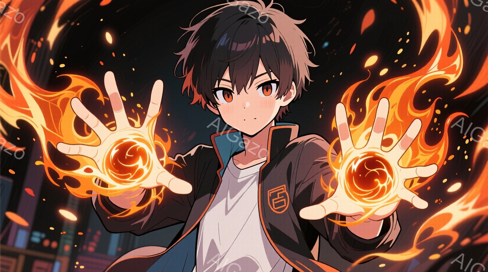 人物は男性で、青年のような外見を持っている。髪色は黒で、短めの髪型が特徴的です。表情は優しく、微笑みから穏やかな感じがあります。両手を広げ、火のようなエネルギーを放つポーズをとっています。背景は夜空に - AI生成フリー素材