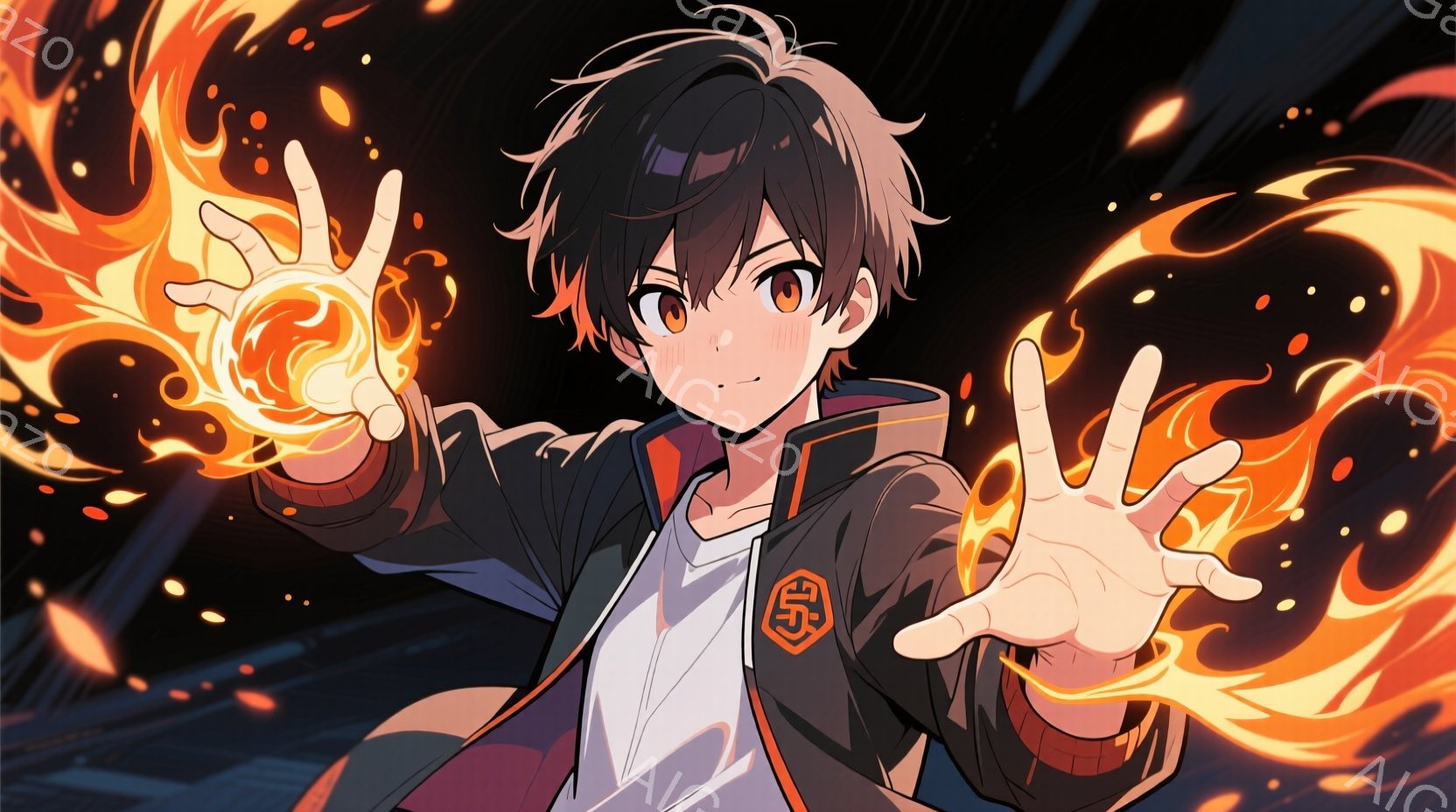 若い男性が両手に炎の玉を抱え、攻撃態勢をとっています。彼は黒い髪にオレンジ色のハイライト、そして少し困ったような表情をしています。背景は暗く、炎や光の粒子が舞い、全体的に力強く、活気に満ちた雰囲気を醸し出しています。