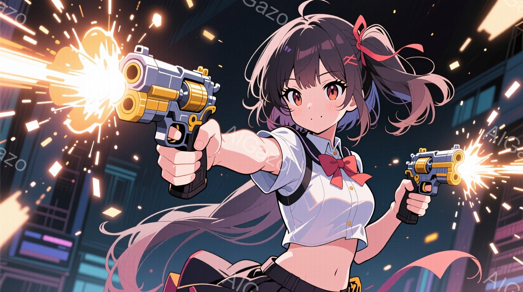 長い黒髪に赤いリボンをつけた少女が、両手に銃を持ち、発砲している様子が描かれている。白いシャツに黒いスカート、そして赤いネクタイという制服姿で、姿勢はやや低く、躍動感がある。背景には高層ビル群がぼやけており、夜間の都市を舞台としていることがわかる。