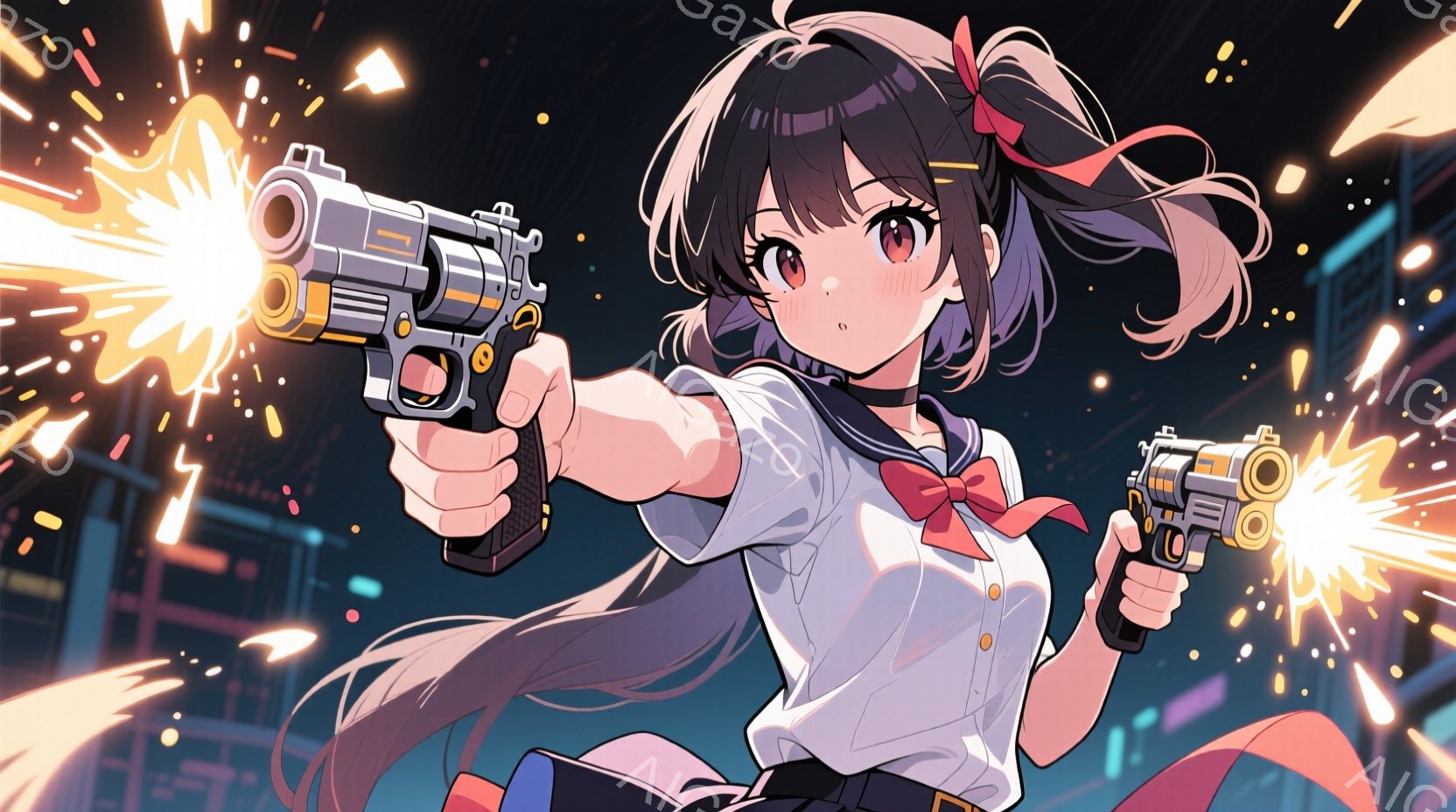 長い黒髪をツインテールにした少女が、両手に銃を持ち、発砲している様子が描かれています。彼女は白いブラウスと赤いネクタイ、紺色のスカートという制服姿で、少し頬を赤らめています。背景には、光の線が走り、高層ビル群がぼんやりと見える夜の都市が広がっており、激しいアクションと緊張感のある雰囲気が漂っています。