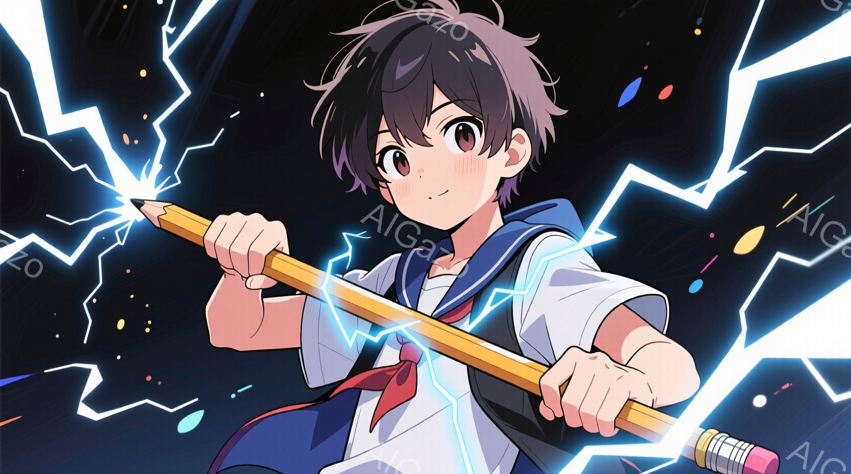 金髪の髪型をした少年が、まるで槍のように持った巨大な鉛筆を中心に描かれています。彼は制服を着ており、決意に満ちた表情で前を見据えています。背景は暗く、稲妻のような光のエネルギーが少年を取り囲み、活気に満ちた、エネルギッシュな雰囲気を醸し出しています。