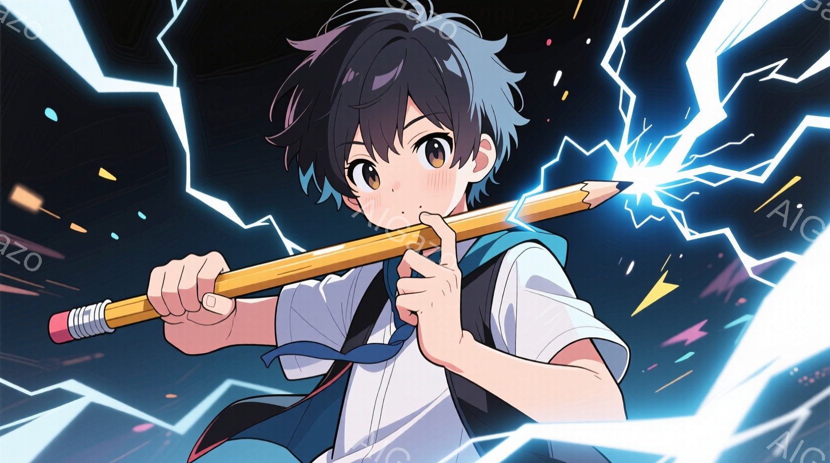 少年は学校制服を着ており、短く黒い髪は少し跳ねています。彼は片手を伸ばし、大きな鉛筆を力強く握り、強い決意と集中力を表す表情をしています。背景には稲妻のような光が飛び交い、彼の周りでエネルギーが渦巻く - AI生成フリー素材