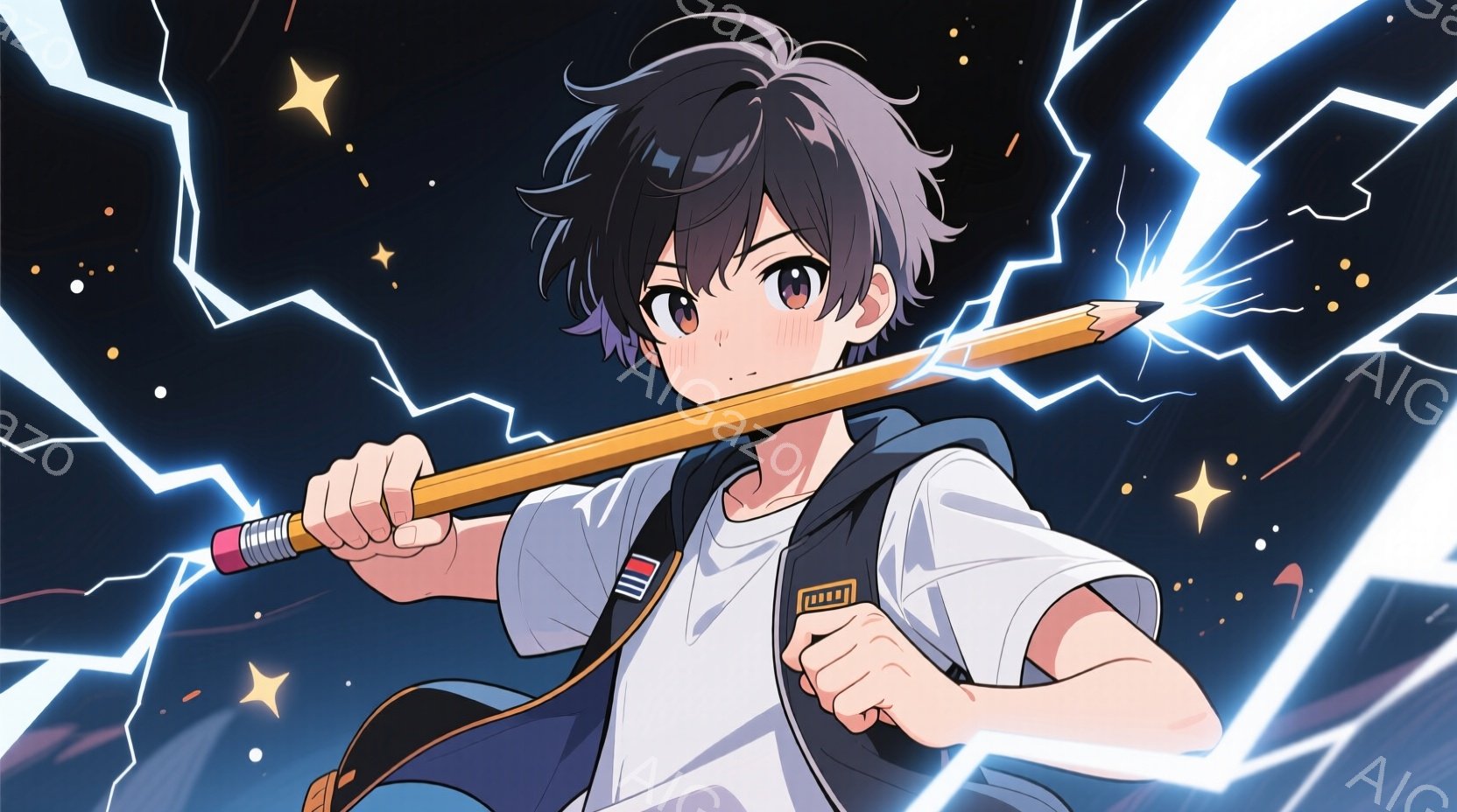 この少年は、肩にリュックサックを背負い、片手に大きな鉛筆を持っています。彼は少し頬を赤らめ、決意に満ちた表情で前を見据えています。背景には稲妻や星が散りばめられており、活気に満ちたダイナミックな雰囲気を作り出しています。