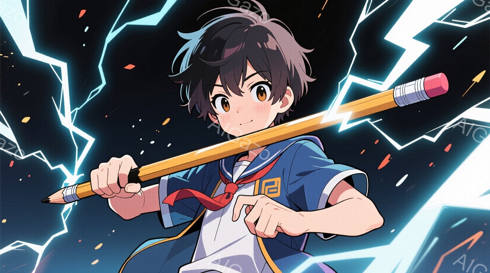 茶色の髪をした少年が描かれており、制服を着ています。彼は大きな鉛筆を肩に担ぎ、決意に満ちた表情で前を見据えています。背景には稲妻が走り、激しいエネルギーと活気に満ちた雰囲気を醸し出しています。 - AI生成フリー素材