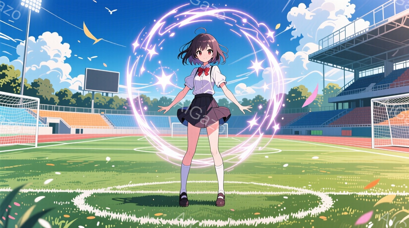 少女は、白いシャツに黒いスカート、白いソックスと黒い靴を履いた制服を着ています。彼女は両手を広げ、少し微笑んでおり、周囲にはピンク色の光の円が広がっています。背景には、青空の下の緑のサッカー場、観客席、そして遠くに見える建物があり、晴れた日の活気ある雰囲気が感じられます。