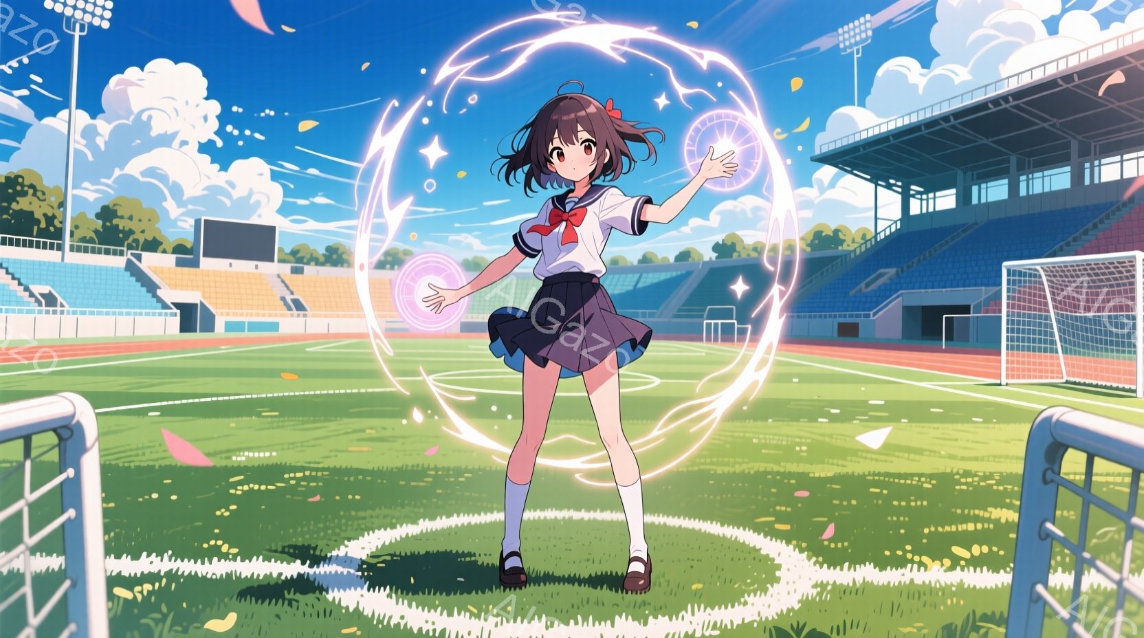 制服を着た少女が描かれています。彼女は短い茶色の髪で、顔には明るい笑顔が見られます。少女は両手を広げ、周囲に光のリングを出現させており、背景には青空と緑の芝生、観客席のあるスポーツスタジアムが広がっています。
