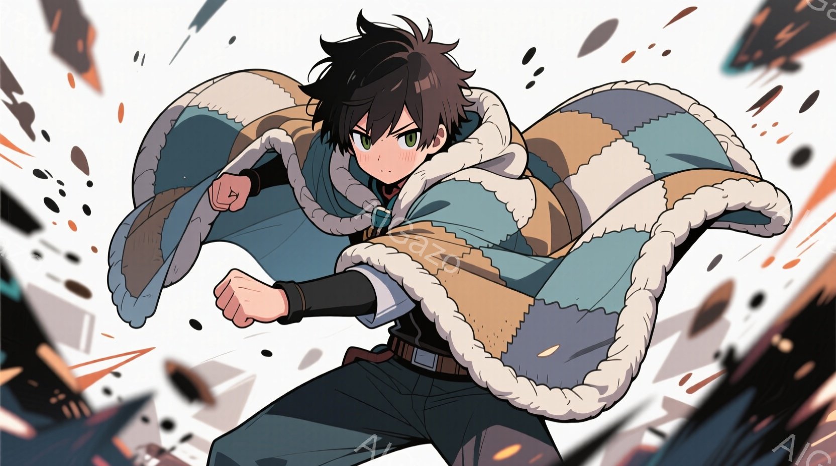 黒髪で、やや無表情な少年が描かれています。毛皮のような襟付きの外套を羽織り、片手を外套に当てています。背景は黒とオレンジ色の破片が舞う戦闘的な雰囲気で、ダイナミックなアクションシーンを表現しています。