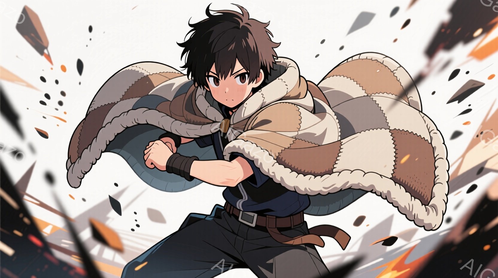 少年は、肩に毛皮のついた大きなショールを羽織り、黒い髪と鋭い眼差しで、力強く前を見据えています。彼は紺色のシャツに茶色のズボン、ベルトを締め、左腕には黒いリストバンドをつけており、躍動感のあるポーズで、何かから守るかのようにショールを抱えています。背景には黒とオレンジの破片が飛び散っており、激しい戦いや緊迫した状況を暗示する、ダイナミックで活気のある雰囲気です。
