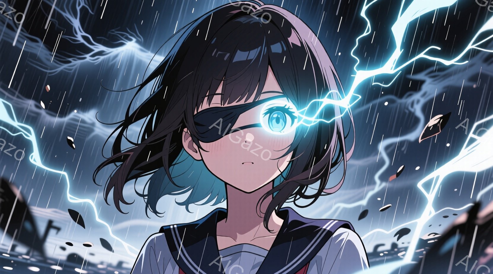 短い黒髪に青いハイライトが入った少女が描かれています。彼女は片目に眼帯をしており、憂いを帯びた表情で何かを見つめています。背景には激しい雷雨と、ぼやけた都市の風景が広がっており、緊張感と神秘的な雰囲気を醸し出しています。