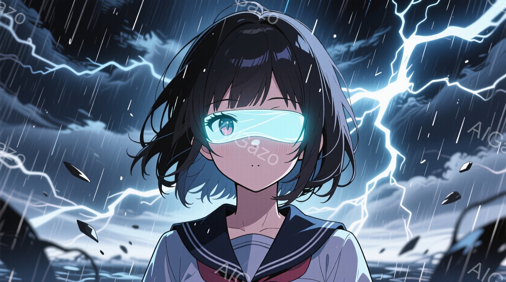 彼女は短い黒髪で、赤いリボンがアクセントの制服を着ている。彼女は目を閉じていて、頬を赤らめているが、表情はどこか決意を秘めているように見える。背景は激しい雨と稲妻が飛び交う嵐の夜空で、彼女の周りには黒い紙片のようなものが舞っている。