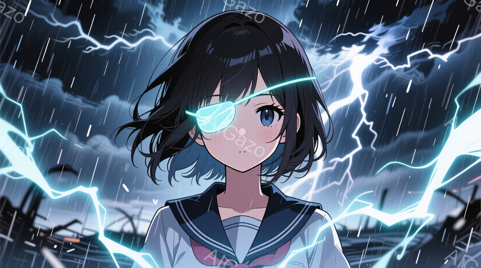 黒髪ショートヘアの少女が描かれており、瞳は鮮やかな青色をしている。彼女はセーラー服を着用し、顔には光る青いラインが入っている。背景は激しい雷雨で、稲妻が空を走り、遠くには建物のシルエットが見える。