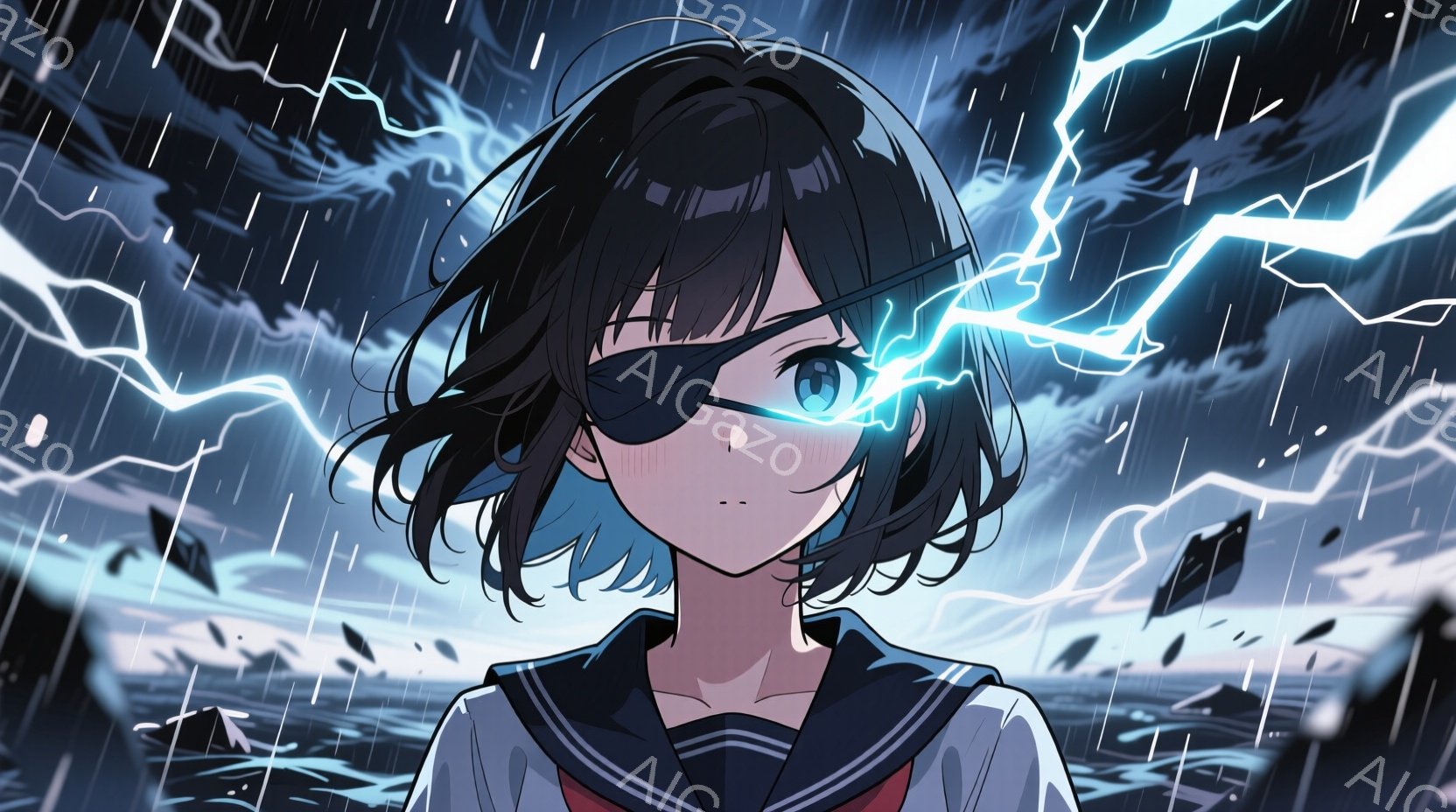 短い黒髪の少女が描かれており、左目に眼帯をつけている。紺色のセーラー服を着ており、頬はほんのり赤らんでいる。背景には激しい雨と稲妻が走り、崩れかけた建物が確認でき、全体的に緊迫感とドラマチックな雰囲気 - AI生成フリー素材