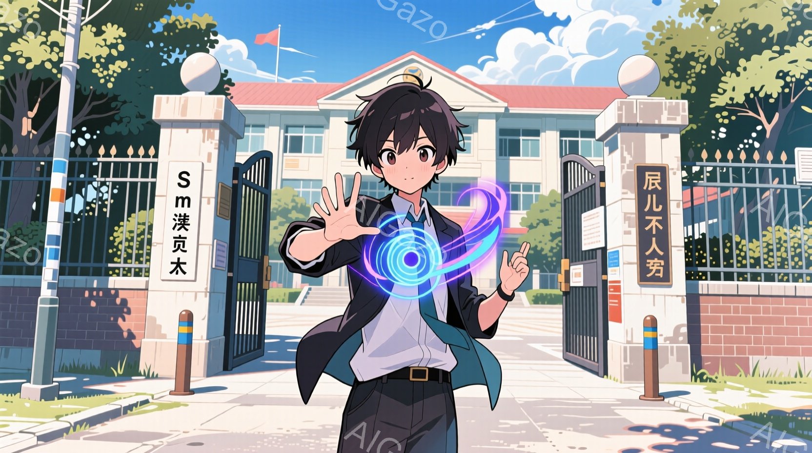 見慣れた制服を着た少年が、正面の門の前で両手を前に出し、青いエネルギーボールを出現させています。彼の黒い髪は少し癖があり、表情は自信に満ち溢れています。背景にはレンガ造りの学校の建物と緑豊かな庭園があり、晴れた空と白い雲が広がっています。