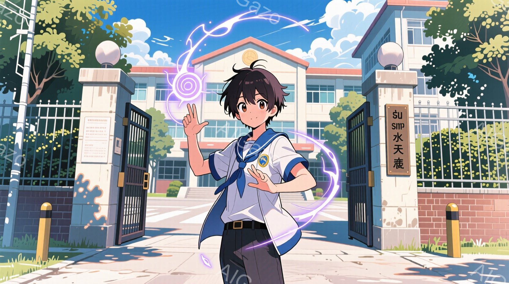 短い黒髪の少年が制服を着て、門の前に立っている。彼は右手を上げて、青いエネルギーのようなものを発しているように見える。背景には、白い建物と緑豊かな木々があり、晴れた空が広がっている。 - AI生成フリー素材