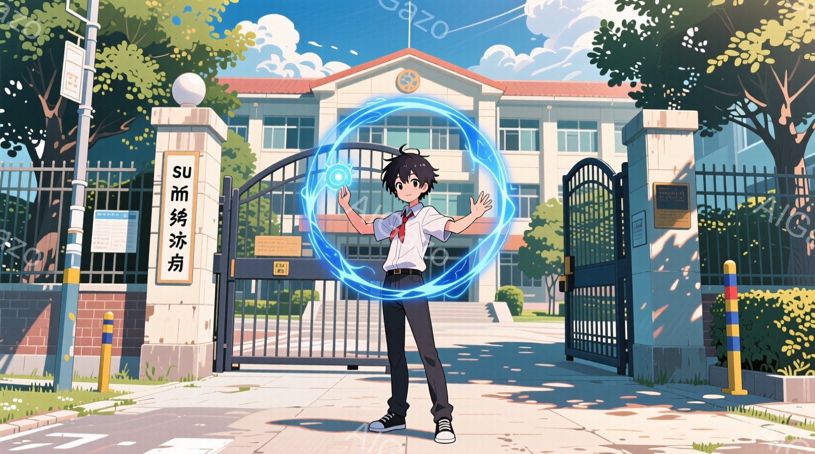 制服を着た男子高校生が、学校の入り口の前で両手を広げ、青い光の輪を操っている。彼は黒髪で、少し微笑んでいるように見える。背景には、レンガ造りの建物と緑豊かな木々があり、晴れた空と穏やかな日差しが、全体的に明るく希望に満ちた雰囲気を作り出している。
