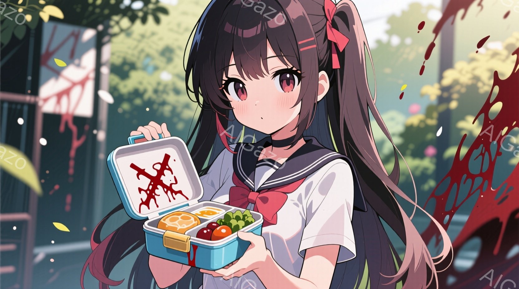 長い黒髪に赤いリボンをつけた少女が、血痕のついた弁当箱を持っている。制服姿で、少し困ったような表情をしている。背景には緑豊かな木々が見え、赤いインクのようなものが飛び散っている異様な光景である。