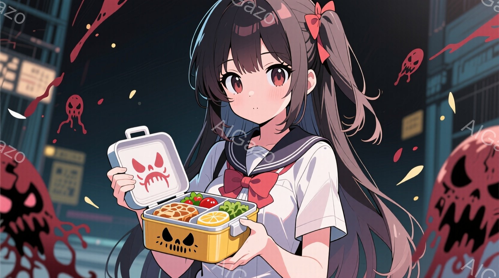 長い黒髪を後ろで結び、赤いリボンをつけた少女が、手には可愛らしいお弁当箱を持っている。制服姿で、少し頬を赤らめて微笑んでおり、背景には夜の街並みと不気味な黒い触手のようなものが浮かんでいる。全体的に少 - AI生成フリー素材