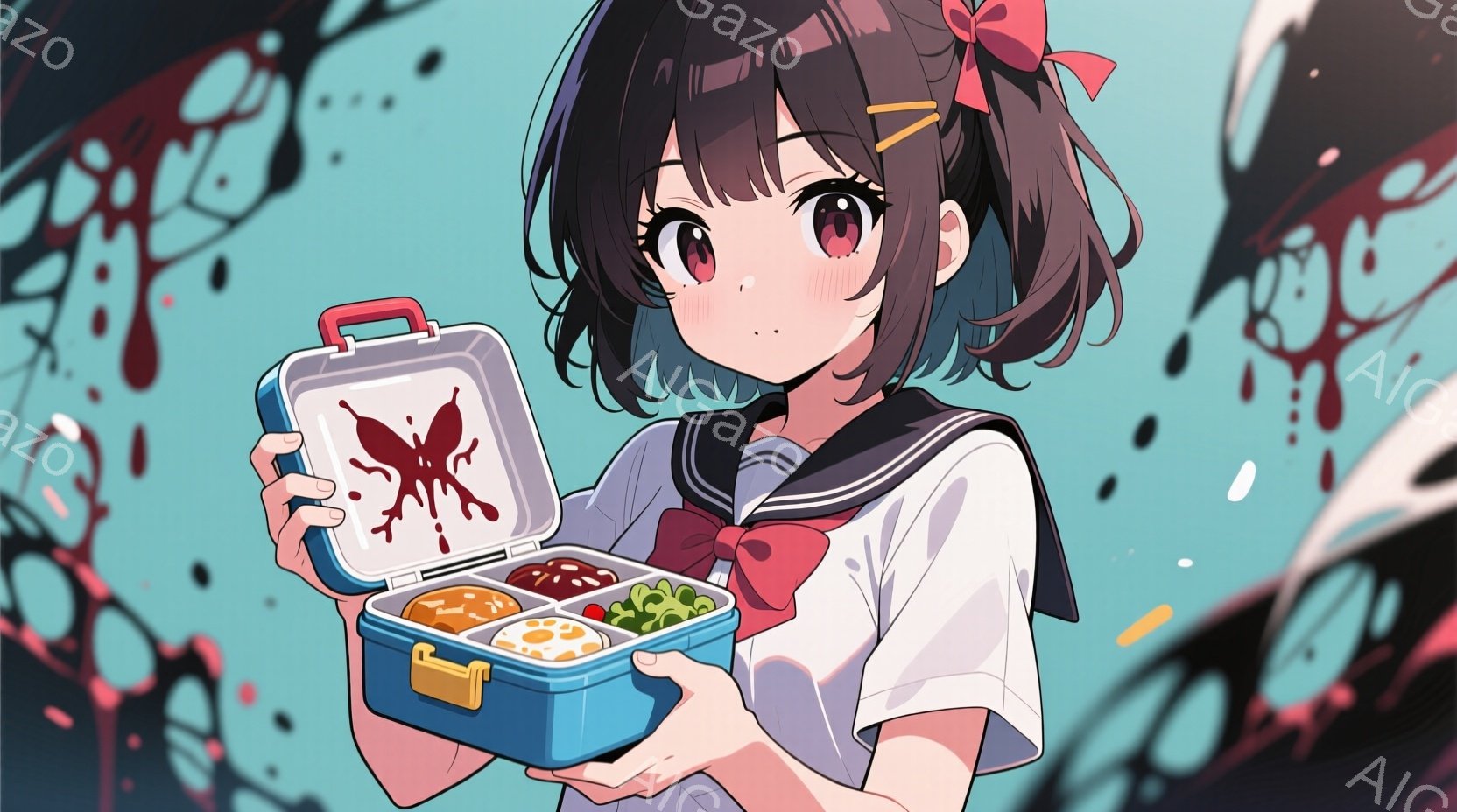 黒髪の少女が、赤いリボンと白いセーラー服を着て、お弁当箱を開いて見つめている。お弁当箱の中には卵焼きやおかずが詰まっており、蓋には血のような赤い染みが付いている。背景は白く、黒いインクのような飛沫が散りばめられており、少し不穏な雰囲気を醸し出している。