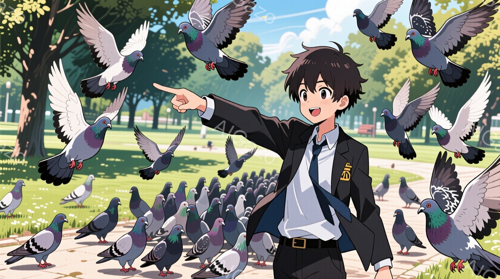 黒髪の少年が公園で鳩たちに囲まれており、片手を伸ばして鳩を指している。少年は制服姿で、黒いブレザーにネクタイ、ズボンを着用し、少し驚いたような表情を浮かべている。背景には緑豊かな木々や建物が見え、晴天 - AI生成フリー素材