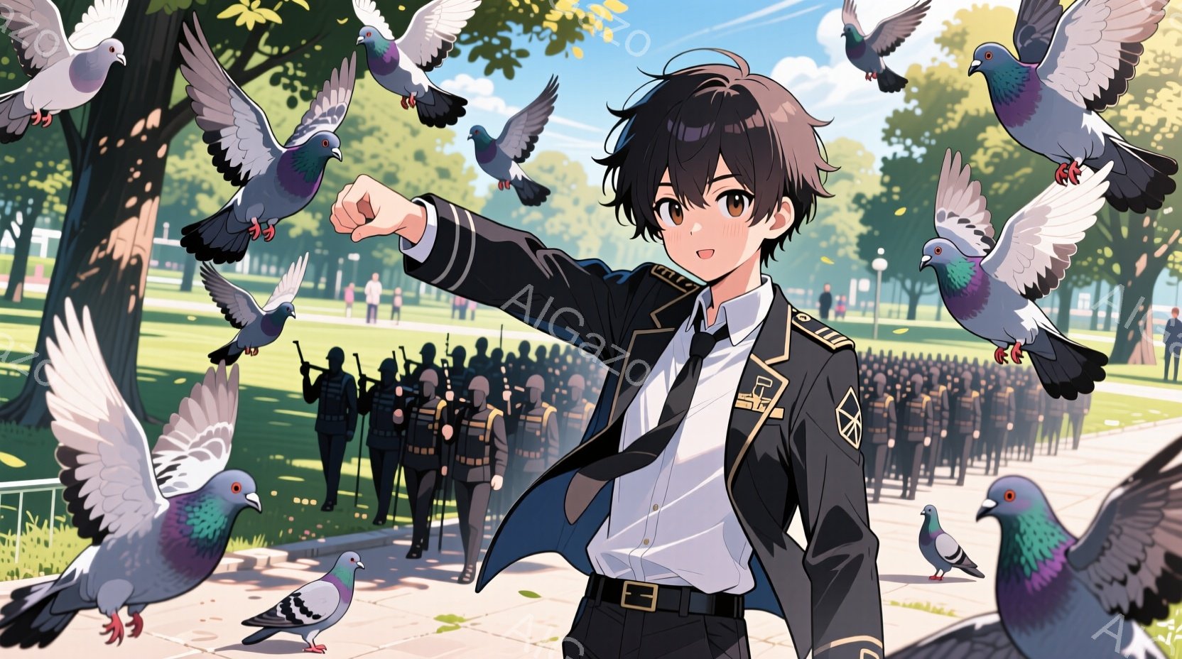 黒髪の青年が、軍服のような服装で、片手を前に突き出し、指を立てています。背景には整列された兵士たちが並び、青空の下、緑豊かな公園に鳩たちが飛び交っています。全体的に、活気に満ちた、どこか誇らしげな雰囲気が漂っています。