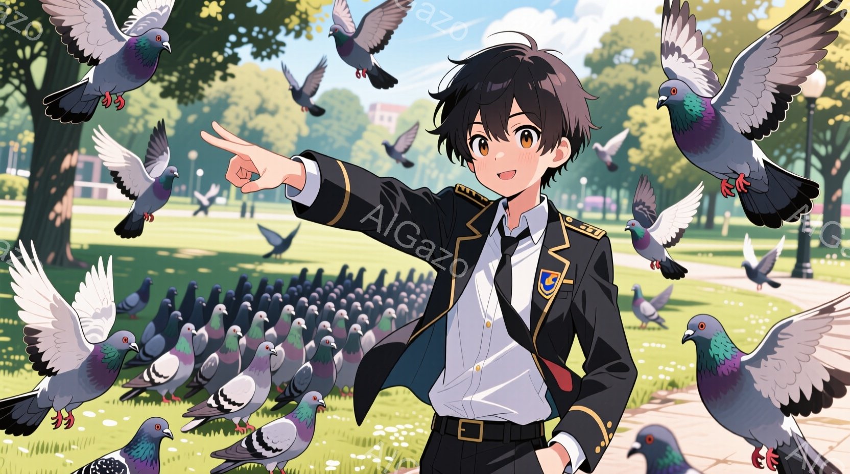 若い男性は、紺色の制服に白いシャツ、赤いネクタイ姿で、鳩に餌をあげている様子です。彼は右手を指で銃のように構え、左手を少し上げて、笑顔で鳩たちを見つめています。背景には緑豊かな公園が広がり、多くの鳩が彼を取り囲み、晴天の下、穏やかで楽しい雰囲気が漂っています。