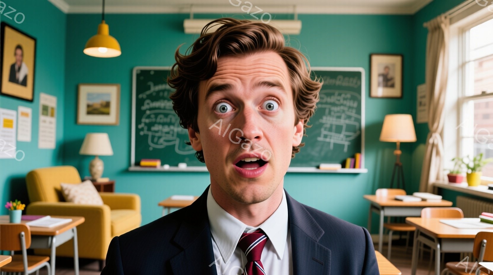 驚いた表情をした男性が、黒いスーツに赤いネクタイ姿で正面を向いています。彼の髪はふわふわとカールしており、目は大きく開いて口も大きく開いています。背景は教室で、緑色の壁、木製の机と椅子、そして壁に掛け - AI生成フリー素材
