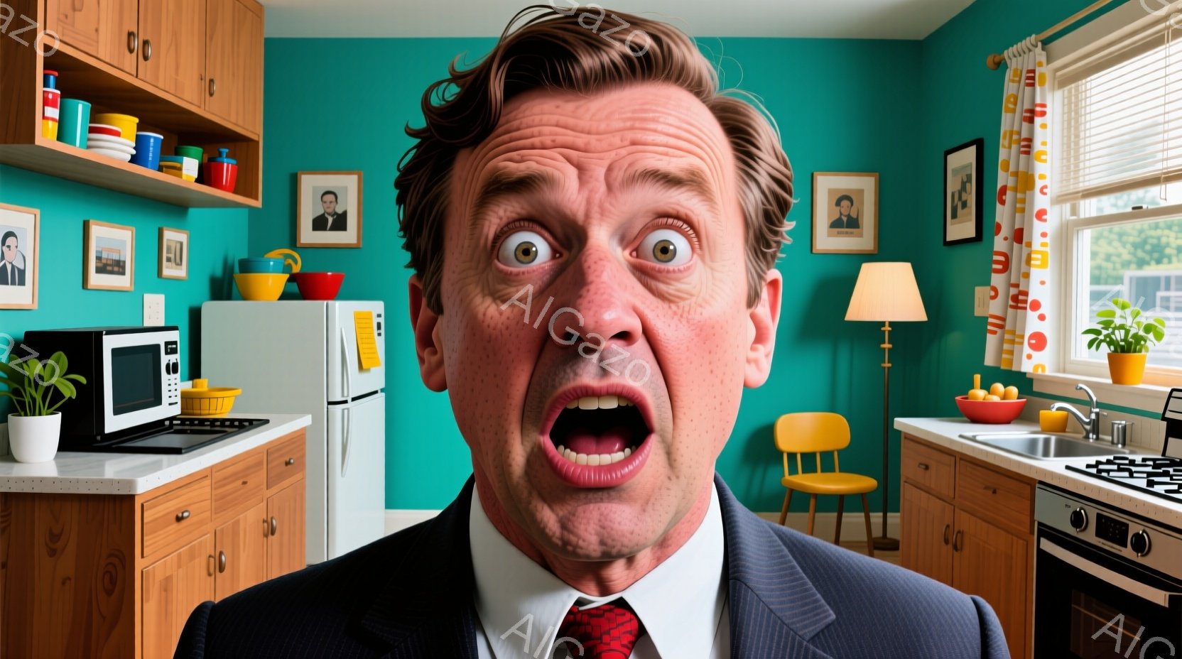 鮮やかなターコイズブルーの壁を背景に、スーツと赤いネクタイを着た男性が、驚いた表情でカメラに向かって叫んでいる。彼の髪は整えられており、顔には多くのそばかすが見られる。背景には、キッチン、冷蔵庫、キャビネット、そして窓から見える緑豊かな庭が見え、全体的にコミカルで誇張された雰囲気を作り出している。