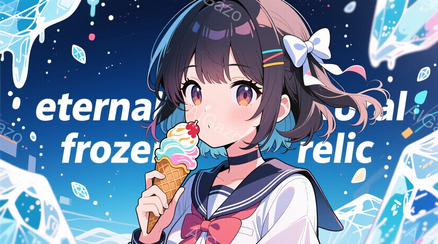 このイメージには日本語が使われており、以下に日本語による要素の解説を記載します。 - 人物：髪色は黒で、短い髪型。表情は普通であり、目が大きくなっていることが特徴。服装は学生服のように見える。 - 動 - AI生成フリー素材