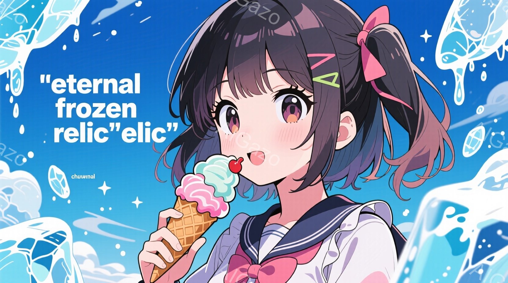 ピンク色のメッシュが入った黒髪で、頭に大きなリボンをつけた若い女性を描いています。彼女はセーラー服を着ており、右手にピンクと緑のソフトクリームを持っています。背景は水色のグラデーションで、水滴や氷のような装飾が散りばめられており、涼しげで可愛らしい雰囲気を醸し出しています。