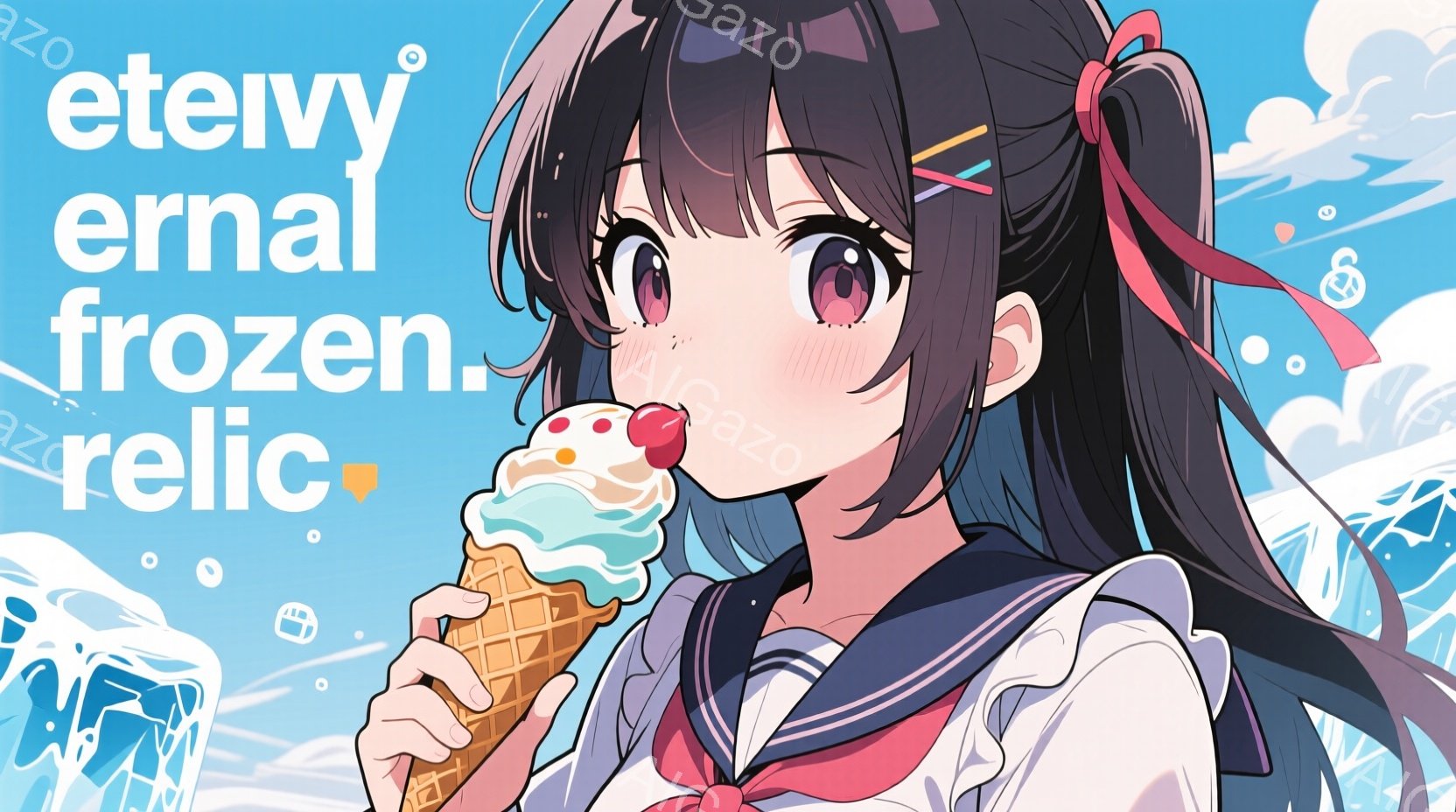 このイラストは日本語で書かれたポスターで、人物が夏の季節に大きなアイスクリームを食べている様子が描かれています。彼女は髪をバンパースタイルでまとめ、赤色のウィッグがあり、服装は夏服です。ポスターの背景は水面や氷の結晶が描かれており、全体的に明るく快適な雰囲気を持っています。