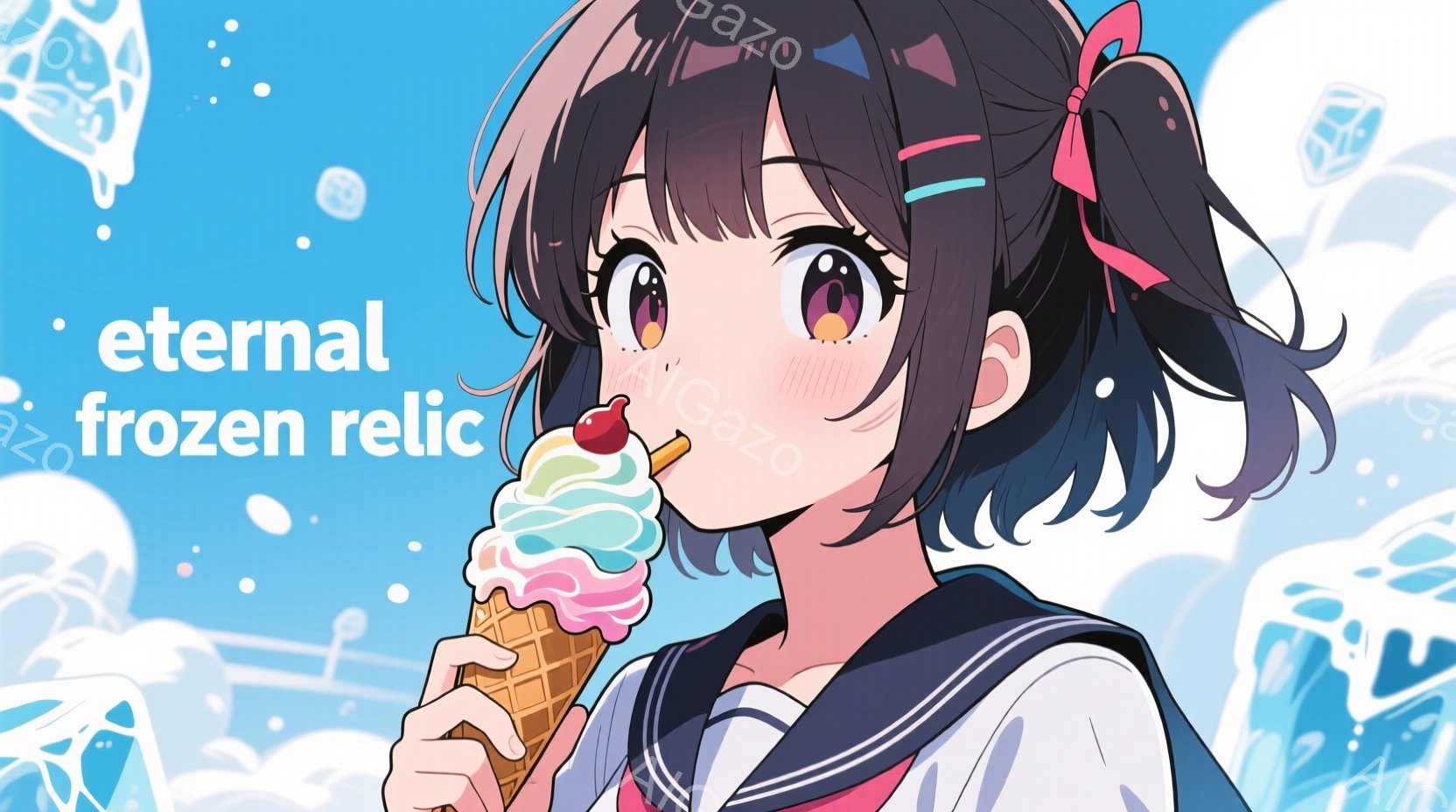 暗い青色の髪をツインテールにし、ピンクのリボンで飾った若い女性を描いています。彼女はセーラー服を着ており、大きな目で楽しそうにアイスクリームを食べています。背景は水色のグラデーションで、氷の結晶のような模様が散りばめられ、全体的に爽やかで可愛らしい雰囲気です。