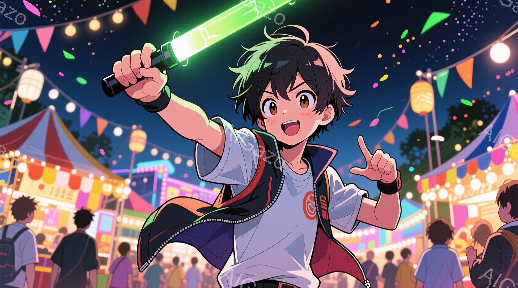 明るい祭りの夜を舞台に、黒髪の少年が片手を高く挙げ、緑色のライトスティックを振っている。少年は白いTシャツに黒いベスト、そしてジーンズを着用しており、満面の笑みを浮かべて活気に満ちた表情をしている。背 - AI生成フリー素材