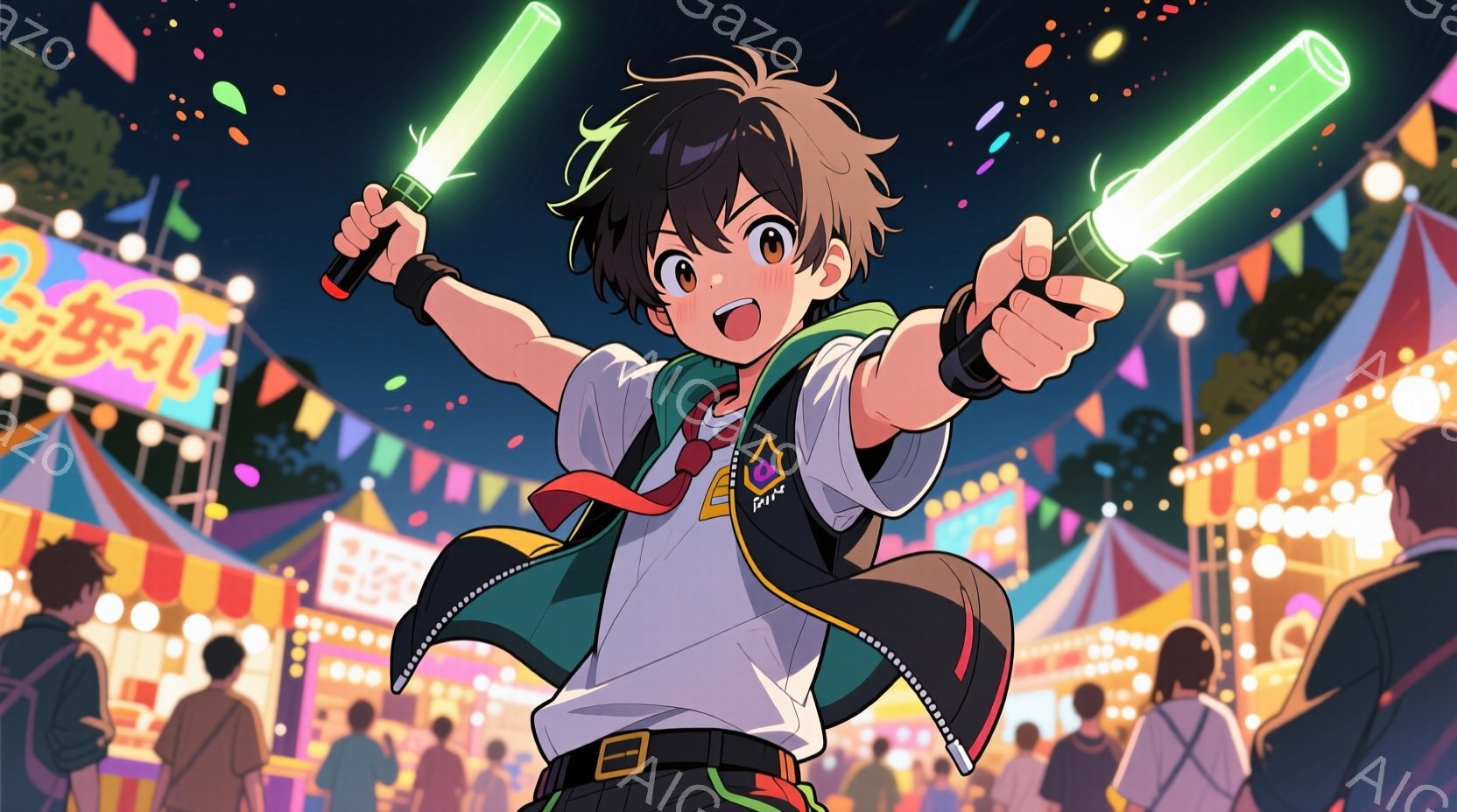 茶色の髪と大きな瞳を持つ少年が、両手に光る棒を持って躍動的にポーズをとっています。彼は、赤いネクタイ、白いシャツ、黒いベストとズボンという、少しレトロな制服のような服装をしています。背景には、夜の祭りの賑わい、屋台、色とりどりの提灯が見え、活気あふれる雰囲気が感じられます。