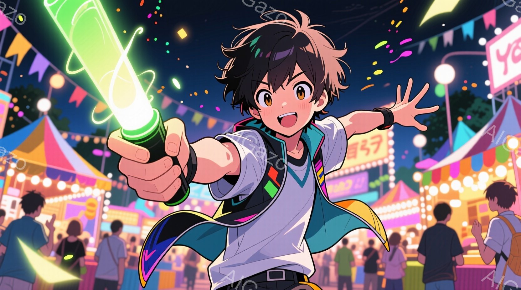 若い男性が光る棒を持って、活気に満ちたお祭りの会場で正面を向いています。彼は短い黒髪で、少し開いた口と、興奮した表情をしています。背景には、賑やかな人々や屋台が並び、カラフルな提灯やライトで照らされた、お祭りの活気ある雰囲気が伝わってきます。