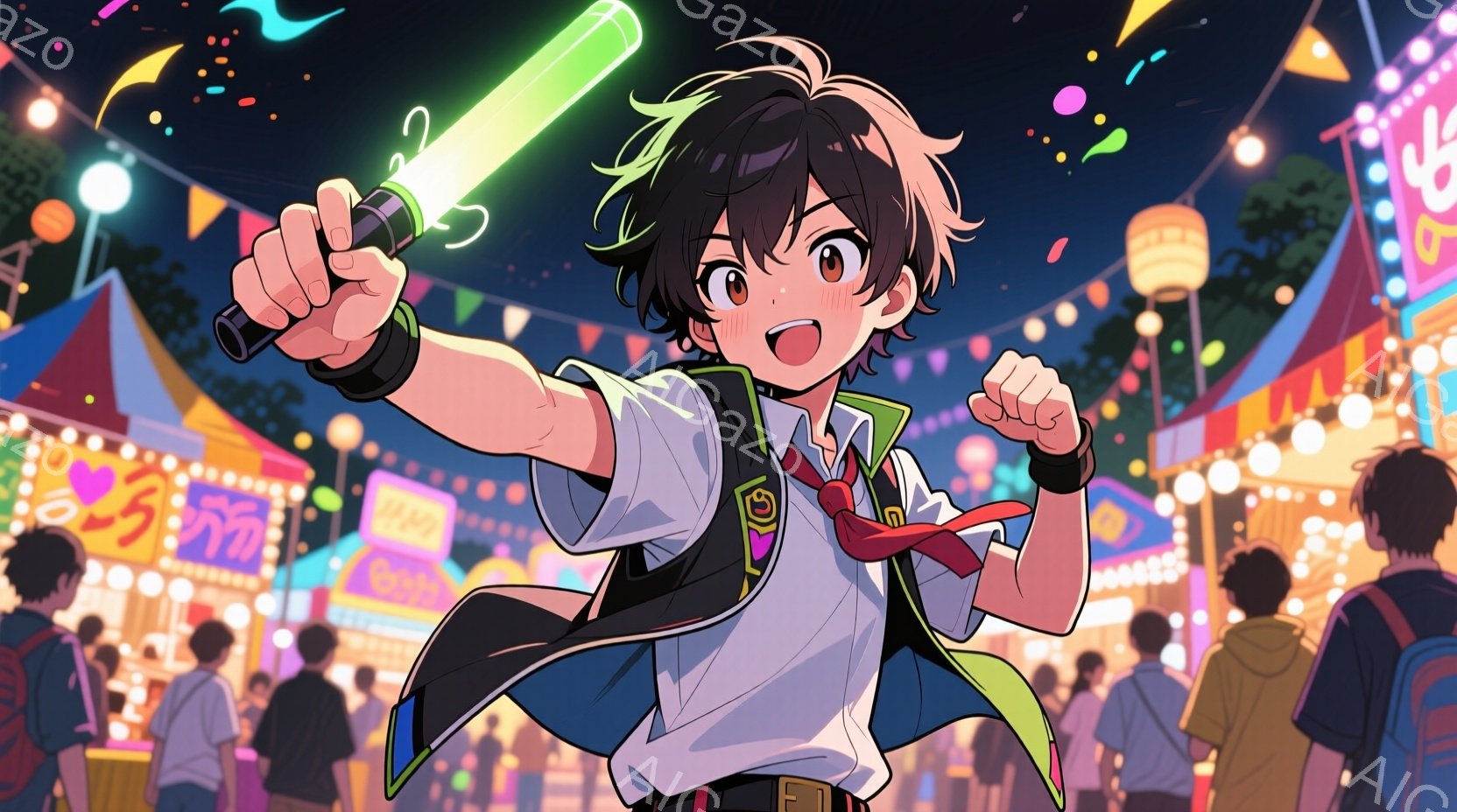 茶髪で少し癖のある髪型をした少年が、夜の祭りで両手を上げて光る棒を振っています。紺色のブレザーに赤いネクタイ、白シャツ、そして腰にはベルトを締めており、制服姿で活気に満ちた表情をしています。背景には賑やかな祭りの屋台が並び、多くの人々が楽しんでいる様子が見え、全体的にエネルギッシュで華やかな雰囲気が漂っています。