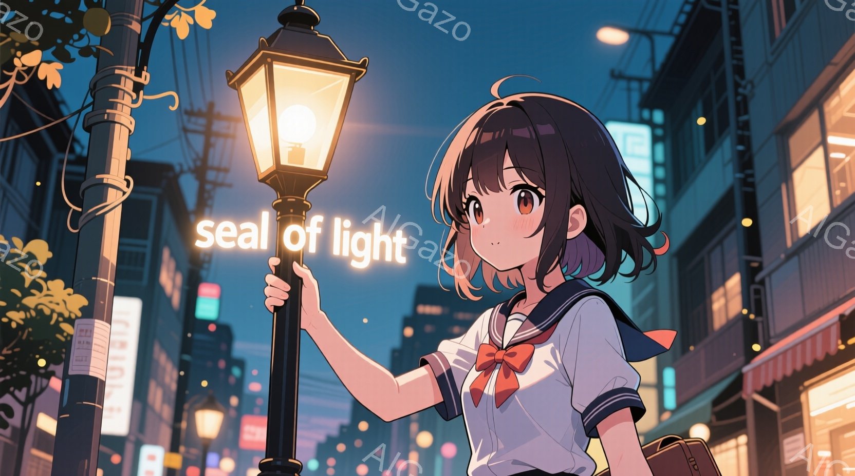 茶髪の少女が、制服姿で街灯の支柱に寄りかかっている。彼女は赤いリボンとセーラーカラーが特徴的な制服を着ており、少し微笑んだ表情で遠くを見つめている。背景には、夜の街並み、建物、そしてぼやけた街灯が広が - AI生成フリー素材