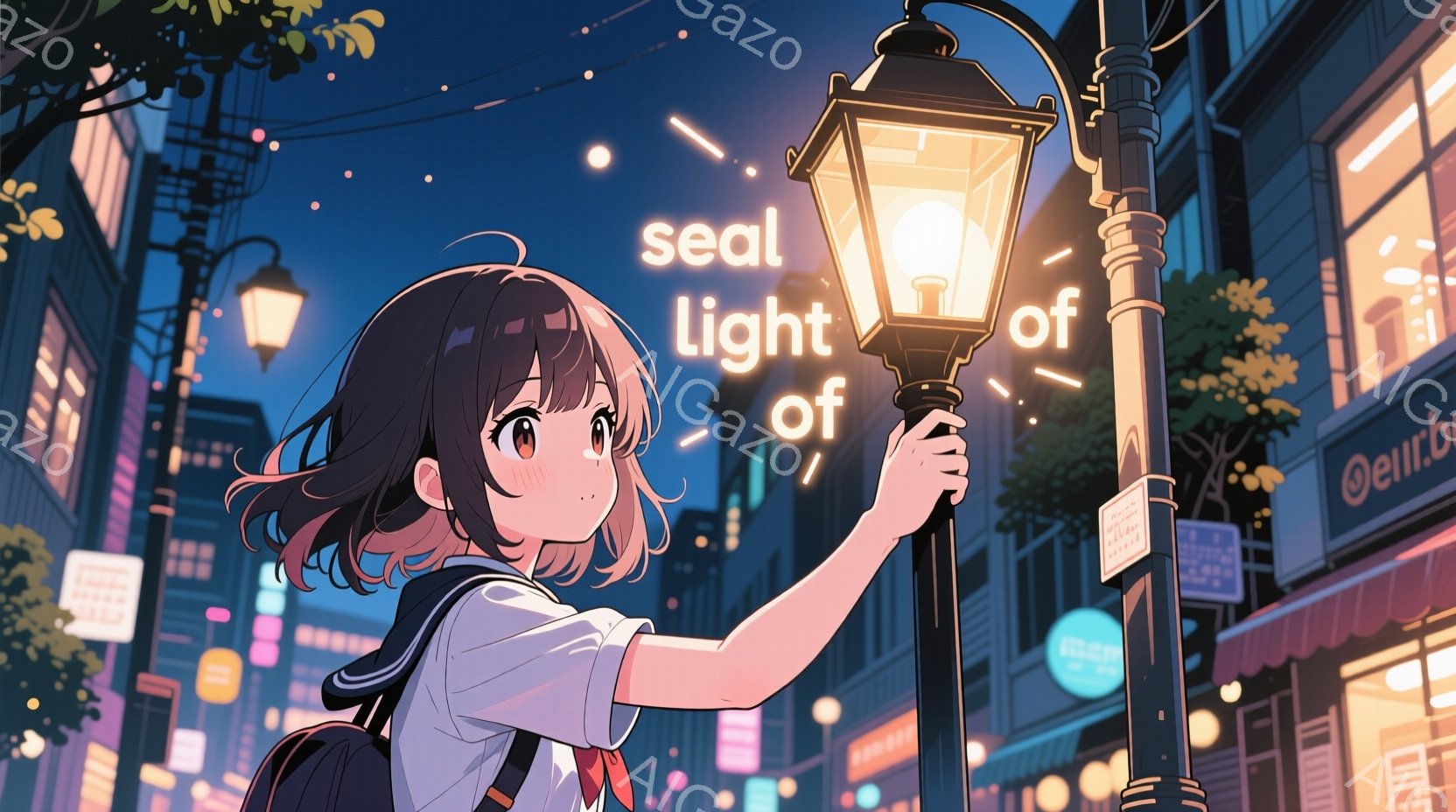 短い茶色の髪をした少女が、夜の街路灯のポールに手を伸ばしている。彼女は白いシャツにネクタイ、セーラー服風のベストを着用し、肩にバックパックを背負っている。背景には、点灯した窓のある建物や木々が見え、夜 - AI生成フリー素材