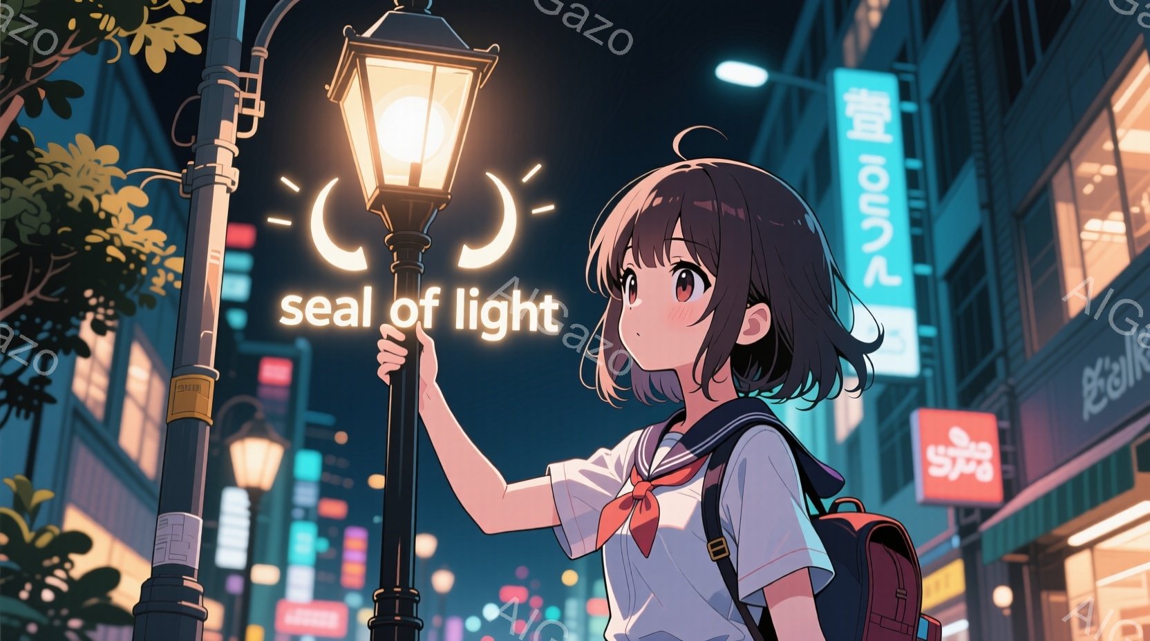 ショートカットの少女が街灯に寄りかかって立っており、制服姿で、赤いリボンがアクセントになっています。彼女はリュックサックを背負っており、少し上目遣いでどこかを見つめているような表情をしています。背景にはネオンサインが輝く夜の街並みが広がり、街灯の光が暖かく照らし出しています。