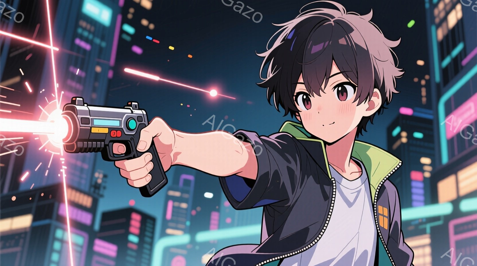 少年は未来的な都市を背景に、片手を伸ばして銃を構えている。彼は黒い髪に赤い目をしており、白いTシャツの上に緑と黒のジャケットを着ている。背景には高層ビル群が立ち並び、ネオンライトが走り、全体的にサイバ - AI生成フリー素材