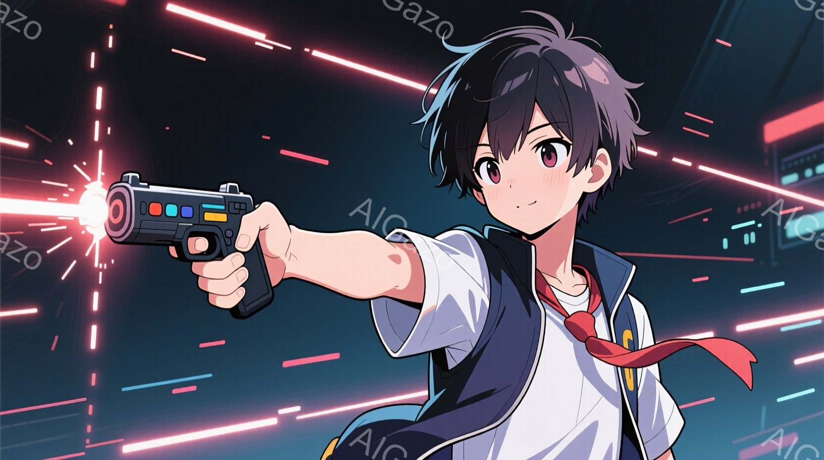 人物は眠い表情をした少年で、派手な髪型が特徴的。彼は学生服を着用し、腕に赤いストラップを身につけている。 姿勢は立ち上がりで、左手でハンドガンを撃っている。