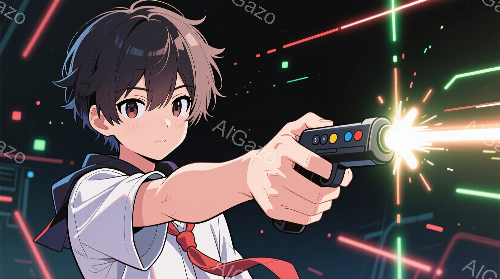 人物は右手を持って、レイザー状の光を放つ空気を切り裂くようなポーズをとる青年のアニメキャラクターです。彼は短髪で、鋭い目線が特徴的な表情をしています。彼は学生風の制服に身を包み、自信ある態度を示すように左腕を自信を持って前に突き出させています。