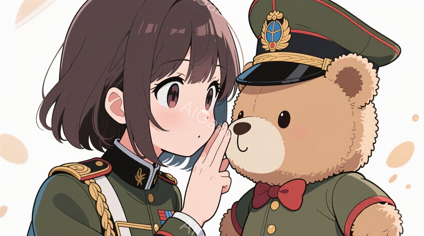 軍服を着た少女とクマのぬいぐるみです。少女は茶色のショートヘアで、頬を赤らめてクマに何かを耳打ちしています。背景は淡い色で、いくつかの丸い模様があり、全体的に柔らかく優しい雰囲気です。