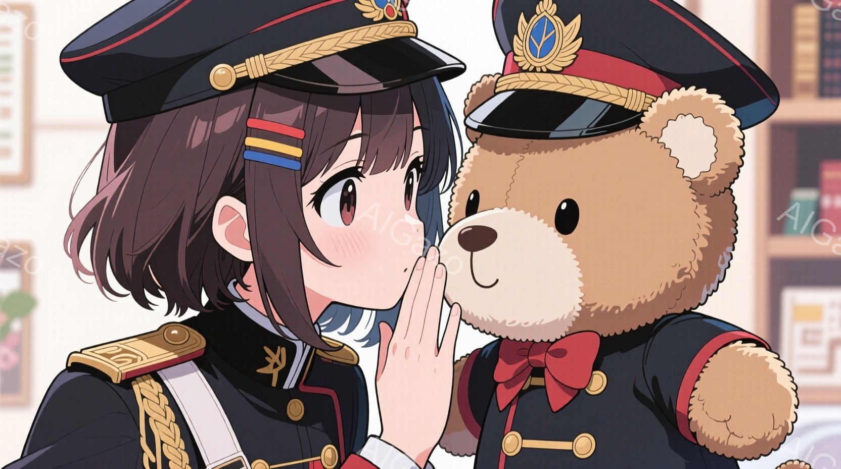 暗茶色の髪の女性は、金色の縁取りのある軍服を着ており、肩章には星が輝いています。彼女は片手を持ち上げ、茶色のクマのぬいぐるみに向けて何かを囁いているようで、顔は少し赤くなっています。背景には本棚が見え、全体的に柔らかく、親密な雰囲気を醸し出しています。
