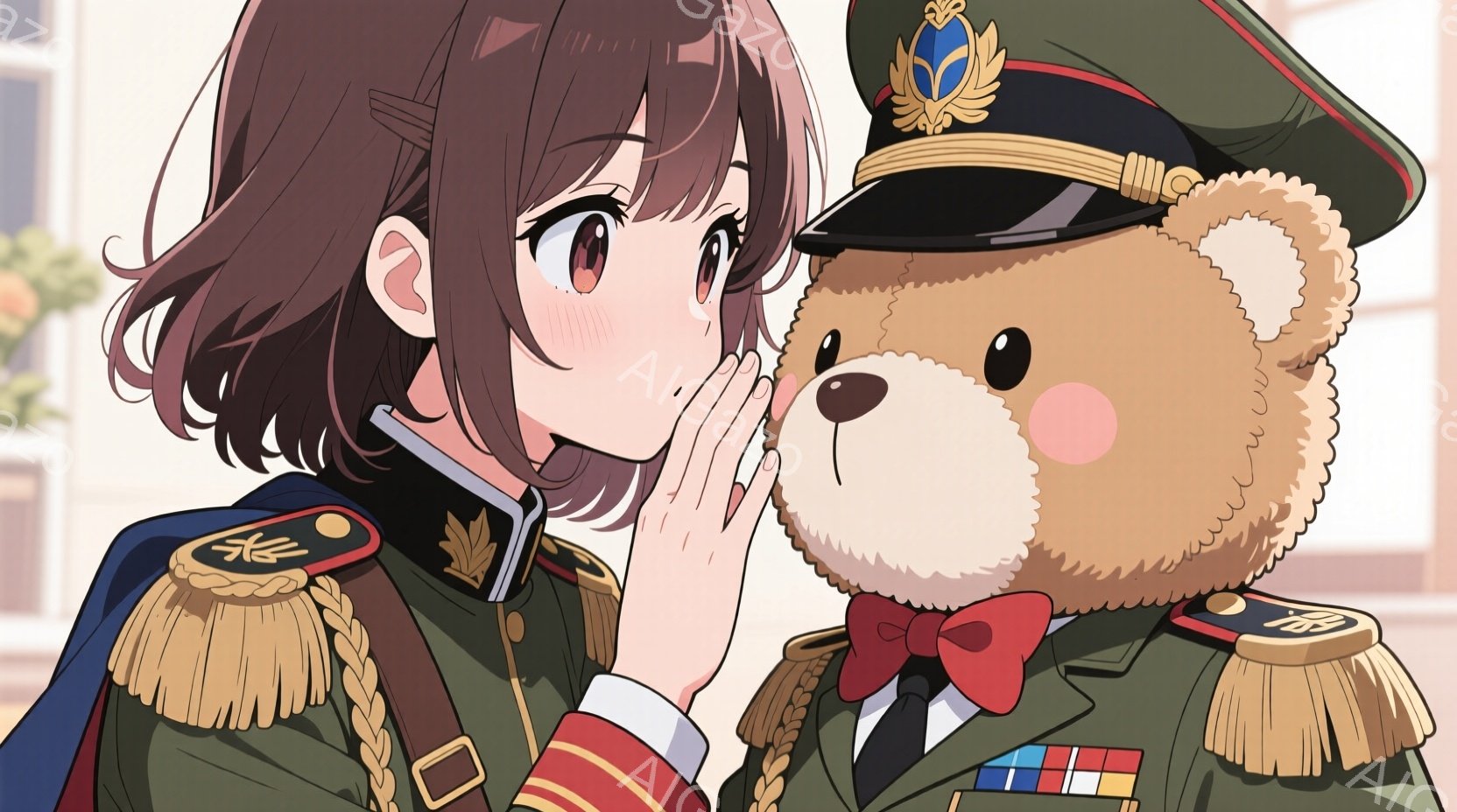 イラスト：少女が軍服を着たテディベアの話を聞くように触れ、その手から音符が滲み出る場面を表現しています。少女は柔らかな髪型と親しみやすい表情で、テディベアは威厳ある軍服を着き、物腰構えに立っています。 - AI生成フリー素材