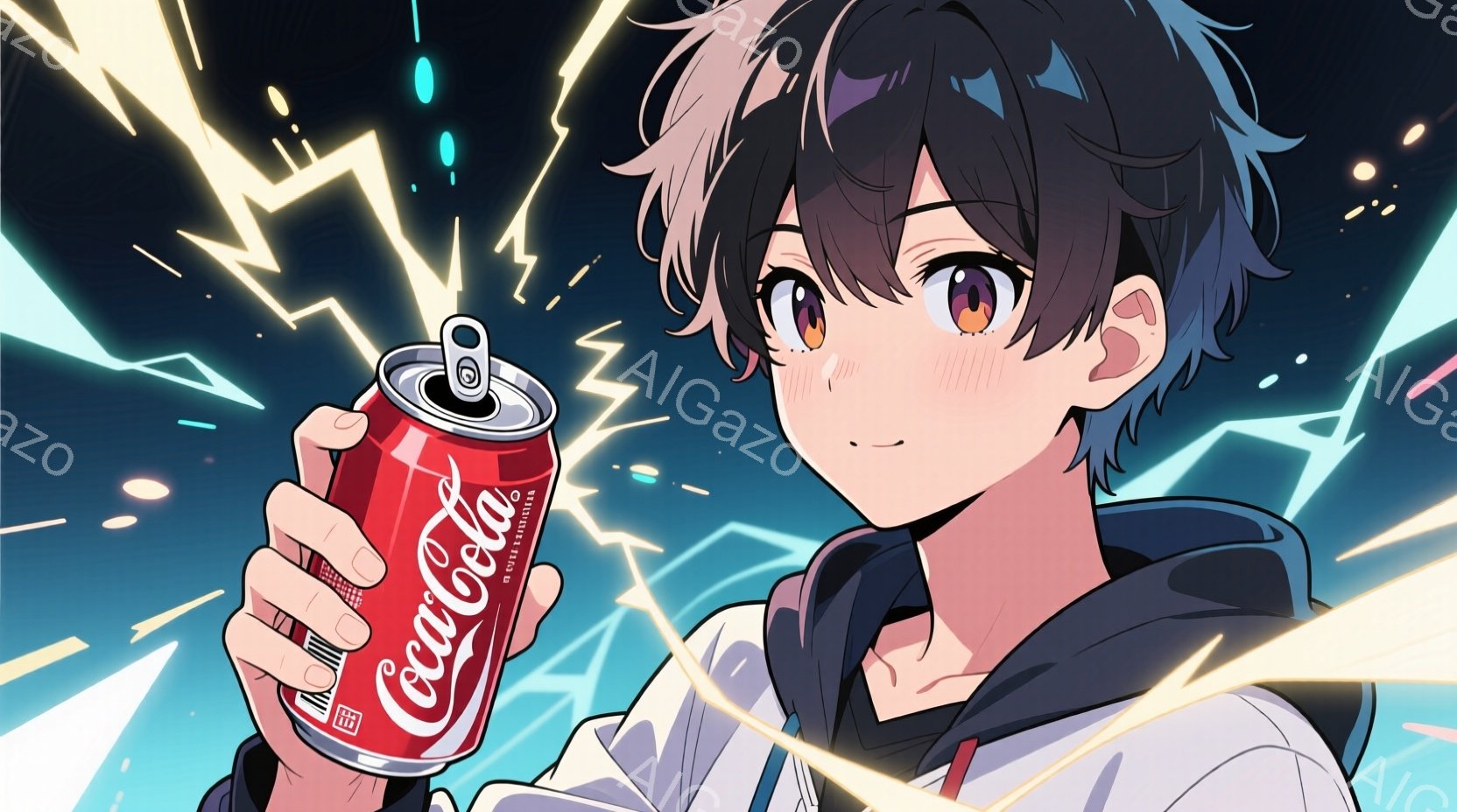 少年は黒いパーカーのフードを被り、赤いストライプが入った白いシャツを着ています。彼は片手にコカ・コーラの缶を持ち、少し微笑みながらこちらを見ています。背景には稲妻のような光線が走り、全体的にエネルギッ - AI生成フリー素材